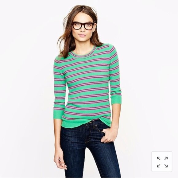 NWT J.Crew Italian Cashmere Sz L Sweater Pullover 3/4 Sleeve Green/Pink Striped - Picture 1 of 11